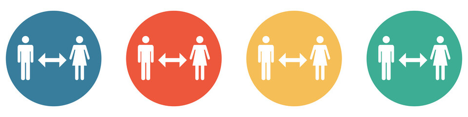 Bunter Banner mit 4 Buttons: 2 Personen mit Pfeil halten Abstand zueinander