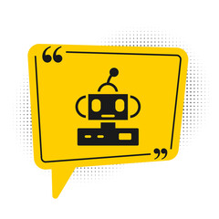 Black Robot toy icon isolated on white background. Yellow speech bubble symbol. Vector.