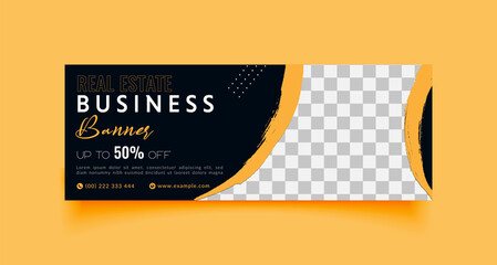 Business facebook cover page timeline web ad banner template with photo place modern layout black background and yellow shape design - obrazy, fototapety, plakaty