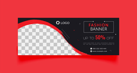 Fashion sale facebook cover page timeline web ad banner template with photo place modern layout black background and red shape design - obrazy, fototapety, plakaty