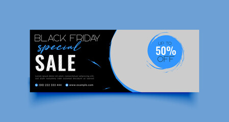 Black friday sale facebook cover page timeline web ad banner template with photo place modern layout black background and blue shape design