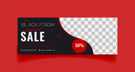 Black friday sale facebook cover page timeline web ad banner template with photo place modern layout black background and red shape design - obrazy, fototapety, plakaty