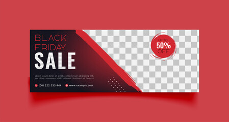 Black friday sale facebook cover page timeline web ad banner template with photo place modern layout black background and red shape design - obrazy, fototapety, plakaty