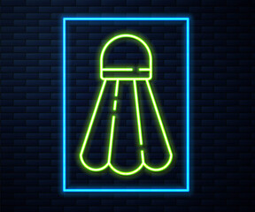 Glowing neon line Badminton shuttlecock icon isolated on brick wall background. Sport equipment. Vector Illustration.