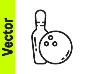 Black line Bowling pin and ball icon isolated on white background. Sport equipment. Vector Illustration.
