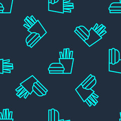 Fototapeta premium Green line Burger and french fries in carton package box icon isolated seamless pattern on blue background. Hamburger, cheeseburger sandwich. Fast food. Vector Illustration.