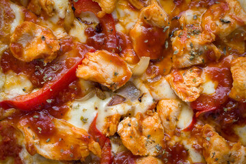 Closeup spicy new orleans chicken flavor pizza (Top view). Food Background.