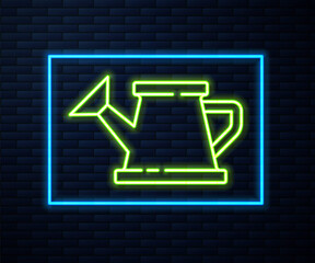 Glowing neon line Watering can icon isolated on brick wall background. Irrigation symbol. Vector Illustration.