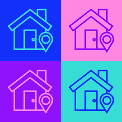 Pop art line Map pointer with house icon isolated on color background. Home location marker symbol. Vector Illustration.
