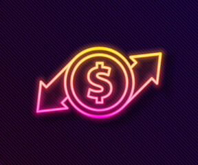 Glowing neon line Financial growth and dollar coin icon isolated on black background. Increasing revenue. Vector Illustration.