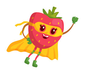 Flying up strawberry superhero mascot on white background