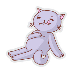 Satisfied fatty cat. Cute satisfied fatty cat lying licking lips stroking fat belly with paw isolated on white background. Vector happy well-fed kitten illustration