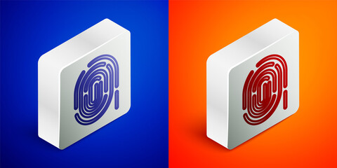 Isometric line Fingerprint icon isolated on blue and orange background. ID app icon. Identification sign. Touch id. Silver square button. Vector.