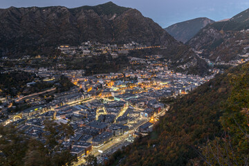 Cityscape on the Sunset in Andorra La Vella,  capital of Andorra in Autumn