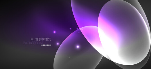 Neon ellipses abstract backgrounds. Shiny bright round shapes glowing in the dark. Vector futuristic illustrations for covers, banners, flyers and posters and other