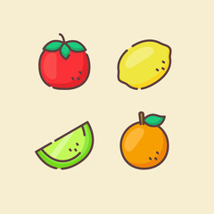 Fruit icons set collection tomato lemon melon orange juicy organic fresh with color flat cartoon outline style