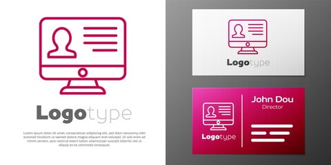 Logotype line Computer monitor with resume icon isolated on white background. CV application. Searching professional staff. Analyzing personnel resume. Logo design template element. Vector.