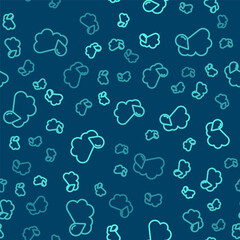 Green line Cloud with rain icon isolated seamless pattern on blue background. Rain cloud precipitation with rain drops. Vector.