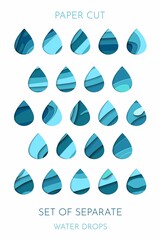 Set of vector blue  water drop paper cut design. Paper art style.