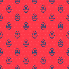 Blue line British police helmet icon isolated seamless pattern on red background. Vector.