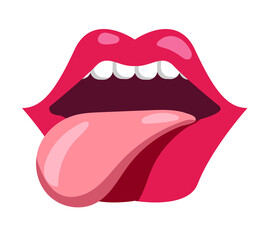 Woman mouth showing tongue out isolated on white background