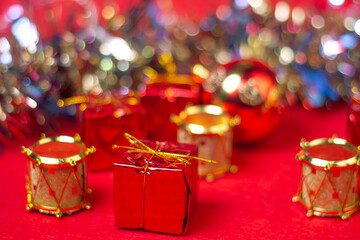 Christmas decorations on a red background. Holiday decorations. Christmas concept