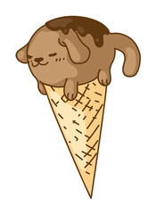 Kawai animal mascot ice-cream with melted chocolate on white