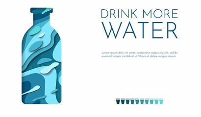 Blue water bottle paper cut design. Paper art style. Drink water. Refreshment and beverage