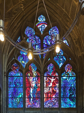 Stained glass window of modernist Marc Chagall in Cathedral of Saint Stephen of Metz, France. The window was created in 1958-1968.