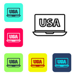Black line USA United states of america on laptop icon isolated on white background. Set icons in color square buttons. Vector.