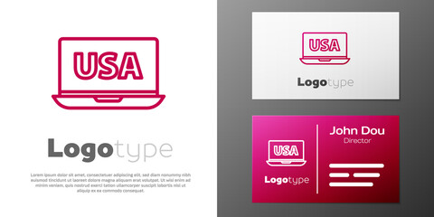 Logotype line USA United states of america on laptop icon isolated on white background. Logo design template element. Vector.
