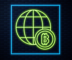 Glowing neon line Globe and cryptocurrency coin Bitcoin icon isolated on brick wall background. Physical bit coin. Blockchain based secure crypto currency. Vector.