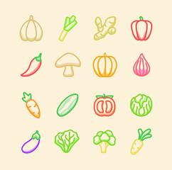 Vegetable icon set collection package organic fresh flavor tasty healthy white isolated background with line color style