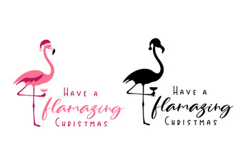 Have a flamazing Christmas - hand written Christmas quote with a cute flamingo holding a glass of champagne or margarita. Hand drawn lettering for Christmas greetings cards and tshirt prints. © Ava Ava