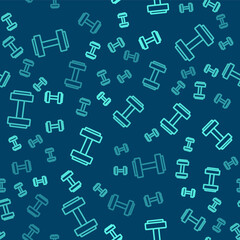 Obraz na płótnie Canvas Green line Dumbbell icon isolated seamless pattern on blue background. Muscle lifting icon, fitness barbell, gym, sports equipment, exercise bumbbell. Vector.