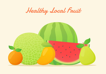 Healthy local fruit set collection melon water melon orange mango pear fresh juicy vitamin nutrition fiber white isolated background with flat color style