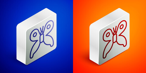 Isometric line Butterfly icon isolated on blue and orange background. Silver square button. Vector.