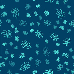 Green line Spider icon isolated seamless pattern on blue background. Happy Halloween party. Vector.