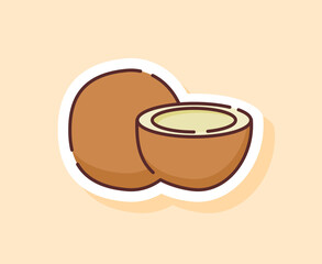 Coconut sticker fruity healthy fresh food with color flat cartoon outline style