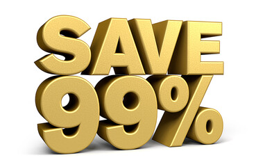 Golden text, save 99% isolated on white background discount. 99 percent. Sales concept. 3d illustration.