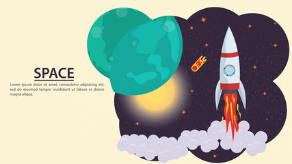 Space Shuttle rocket flying in outer space on the background of stars and planets flat vector drawing for design