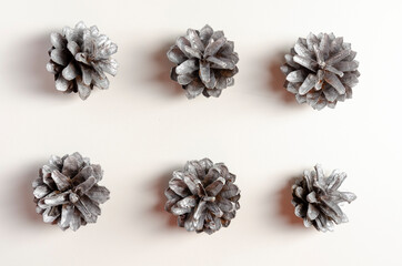 christmas silver pine cones on white back