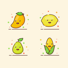 Fruit icons set collection mango lemon corn pear cute mascot face emotion happy fruit with color flat cartoon outline style