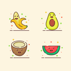 Fruit icons set collection banana avocado coconut water melon cute mascot face emotion happy fruit with color flat cartoon outline style