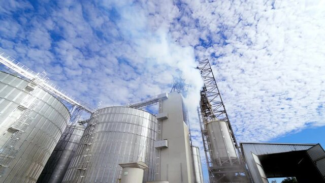 Modern factory for grain storage. Massive smoke from industrial plant. Large silver containers for drying grains. Pollution the environment.