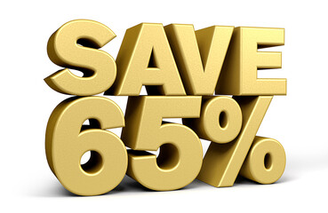 Golden text, save 65% isolated on white background discount. 65 percent. Sales concept. 3d illustration.