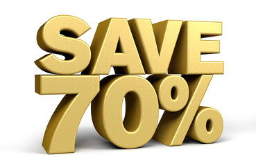 Golden text, save 70% isolated on white background discount. 70 percent. Sales concept. 3d illustration.