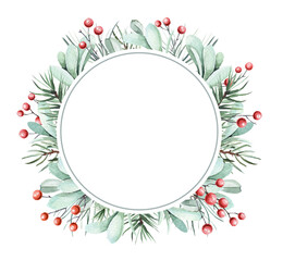 Watercolor Christmas wreath and frame of pine branches, winter berries and leaves.  hand drawn composition. For a festive mood. For the design of postcards, invitations, posters
