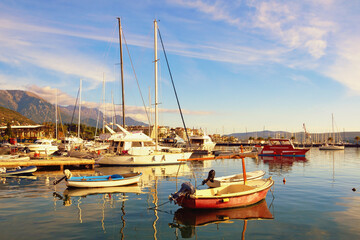 Fototapeta premium Sunny autumn Mediterranean landscape. Montenegro, Adriatic Sea. View of Bay of Kotor near Tivat city