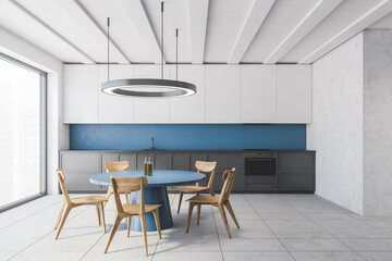 White and blue kitchen interior